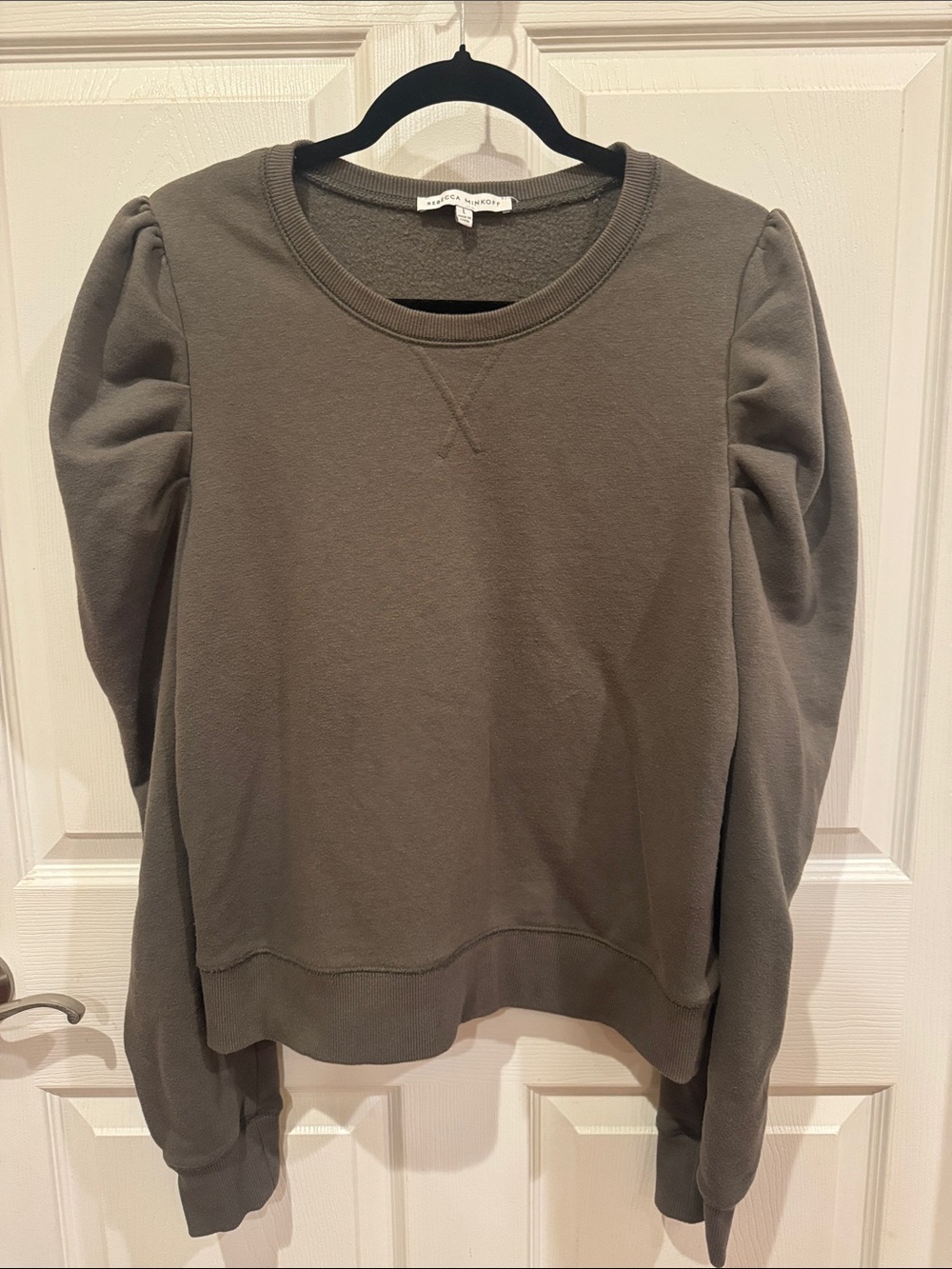 Rebecca Minkoff Olive Green Puff-Sleeve Crewneck Sweatshirt